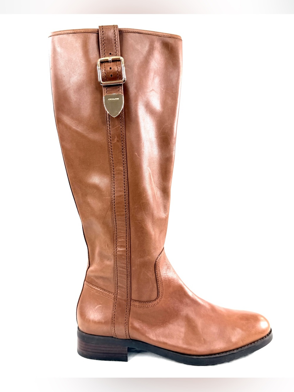 Coach Easton Women Size 9.5 Tan Leather Riding Boot Full Zip Knee High Brass